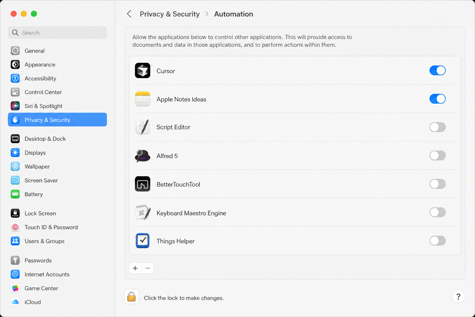 macOS Automation settings for Notes permission