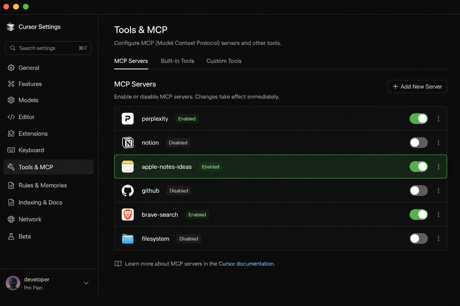 Cursor MCP settings with apple-notes-ideas enabled